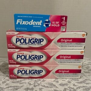 3 Poligrip Denture Adhesive Cream Set plus Free Travel Fixodent NWT